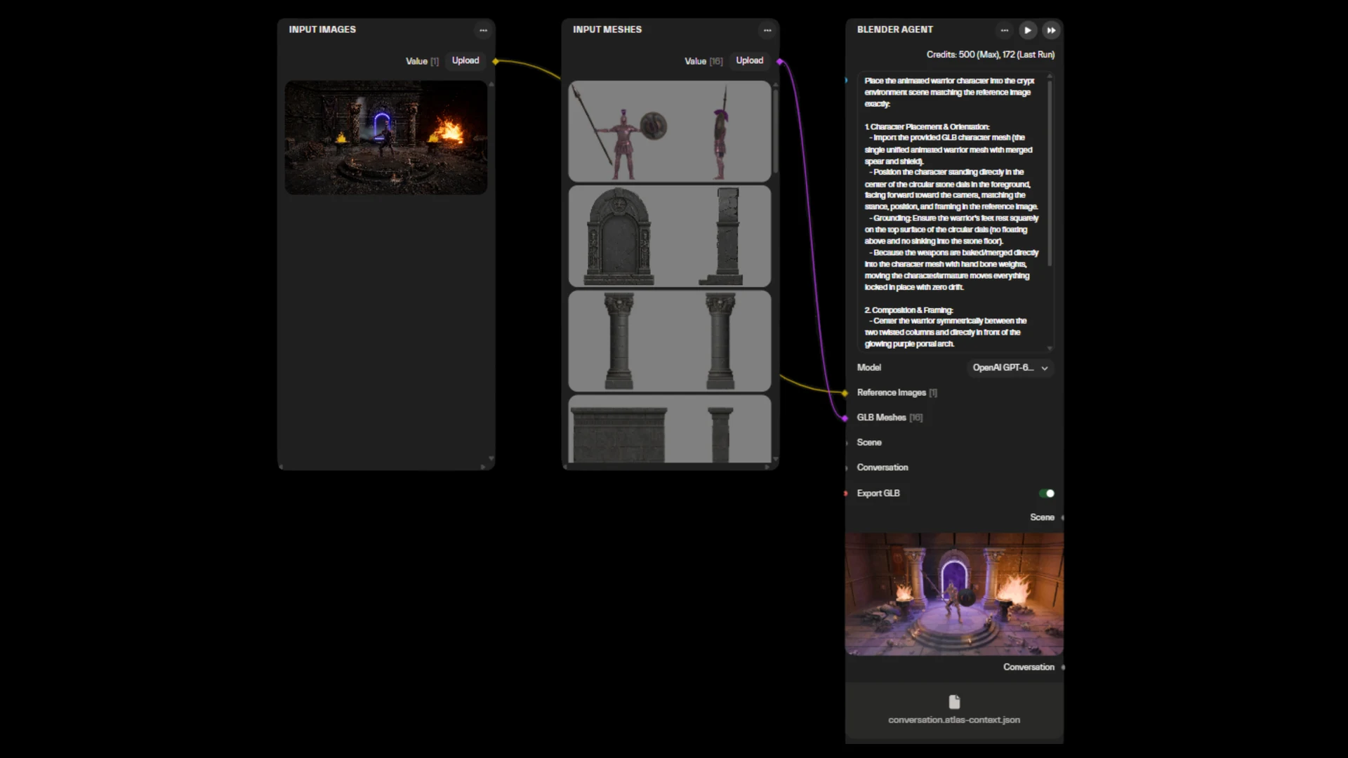 A Blender Agent node: one reference image and sixteen GLB meshes go in through Input Images and Input Meshes, the full placement prompt is visible, and the finished crypt scene comes out as the Scene output
