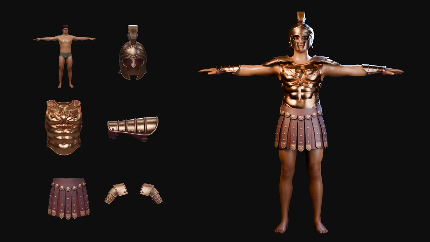 A bare character mesh and separate helmet, cuirass, pauldrons, kilt and greaves on the left are equipped onto the character on the right