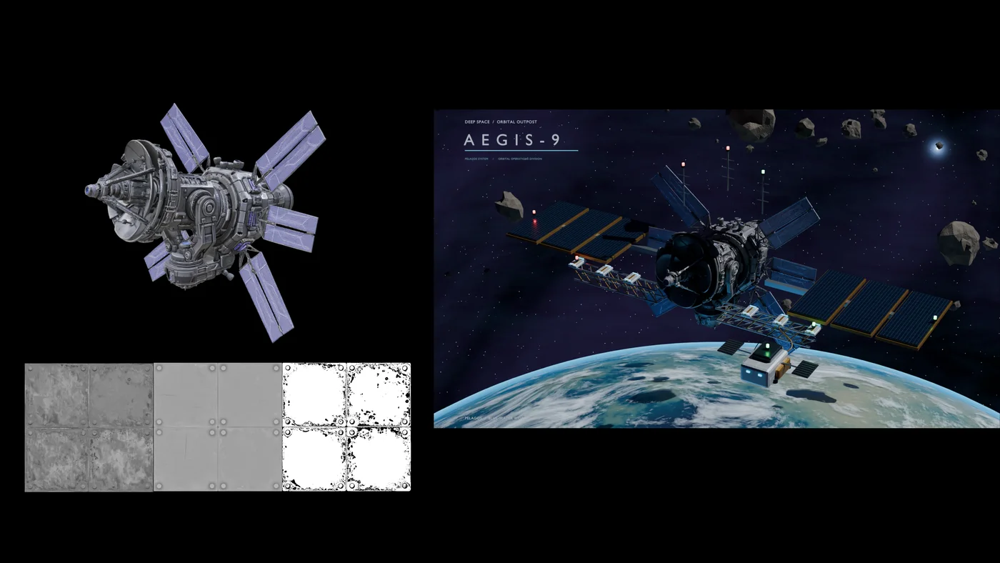 A grey station module mesh and its PBR texture maps on the left become a lit orbital outpost over Earth, with docking gantry, asteroids and an AEGIS-9 title card, on the right
