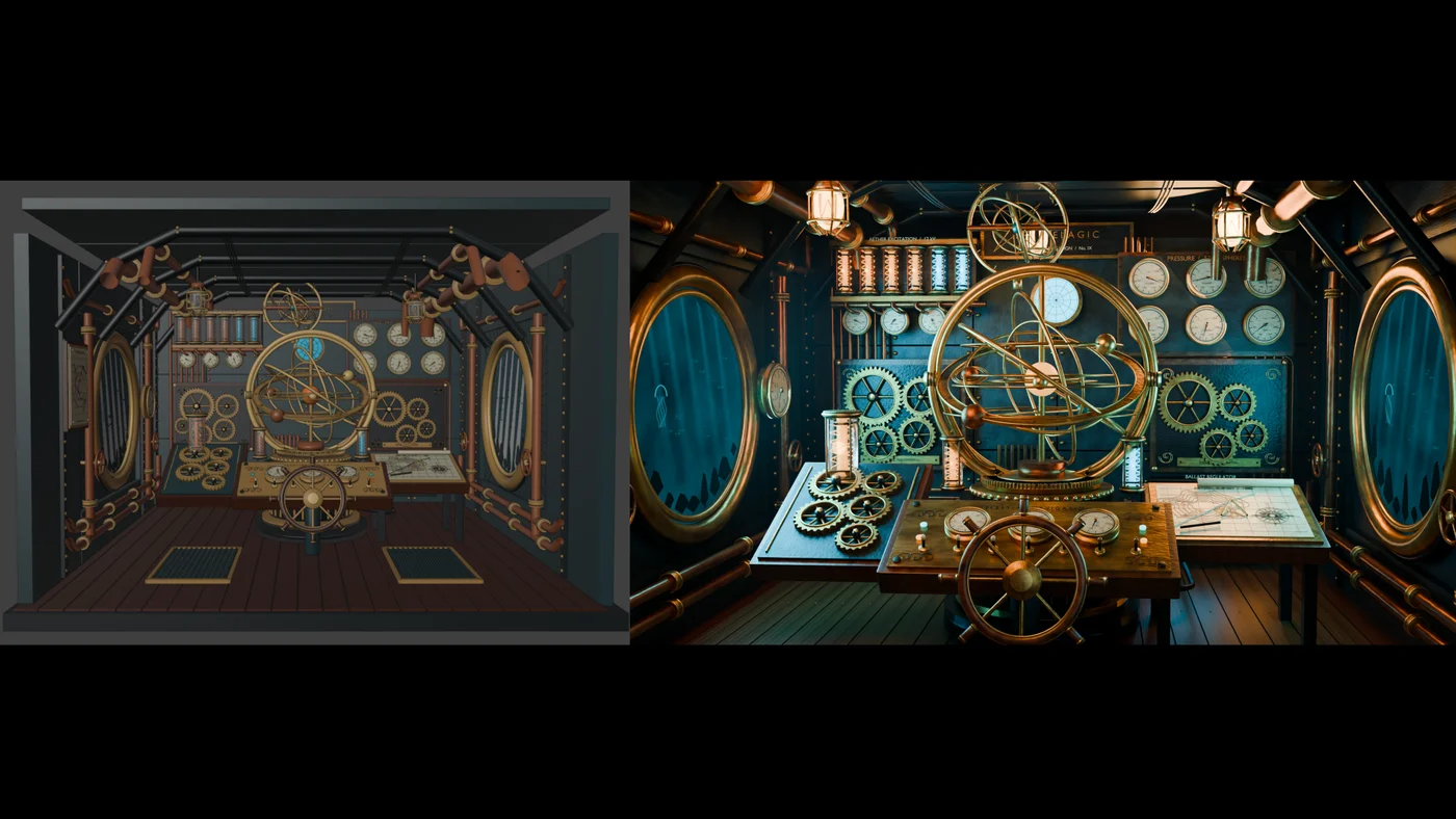 A steampunk astronomical submarine cabin: a flat-shaded blockout on the left becomes a lit brass-and-copper interior with an armillary sphere on the right