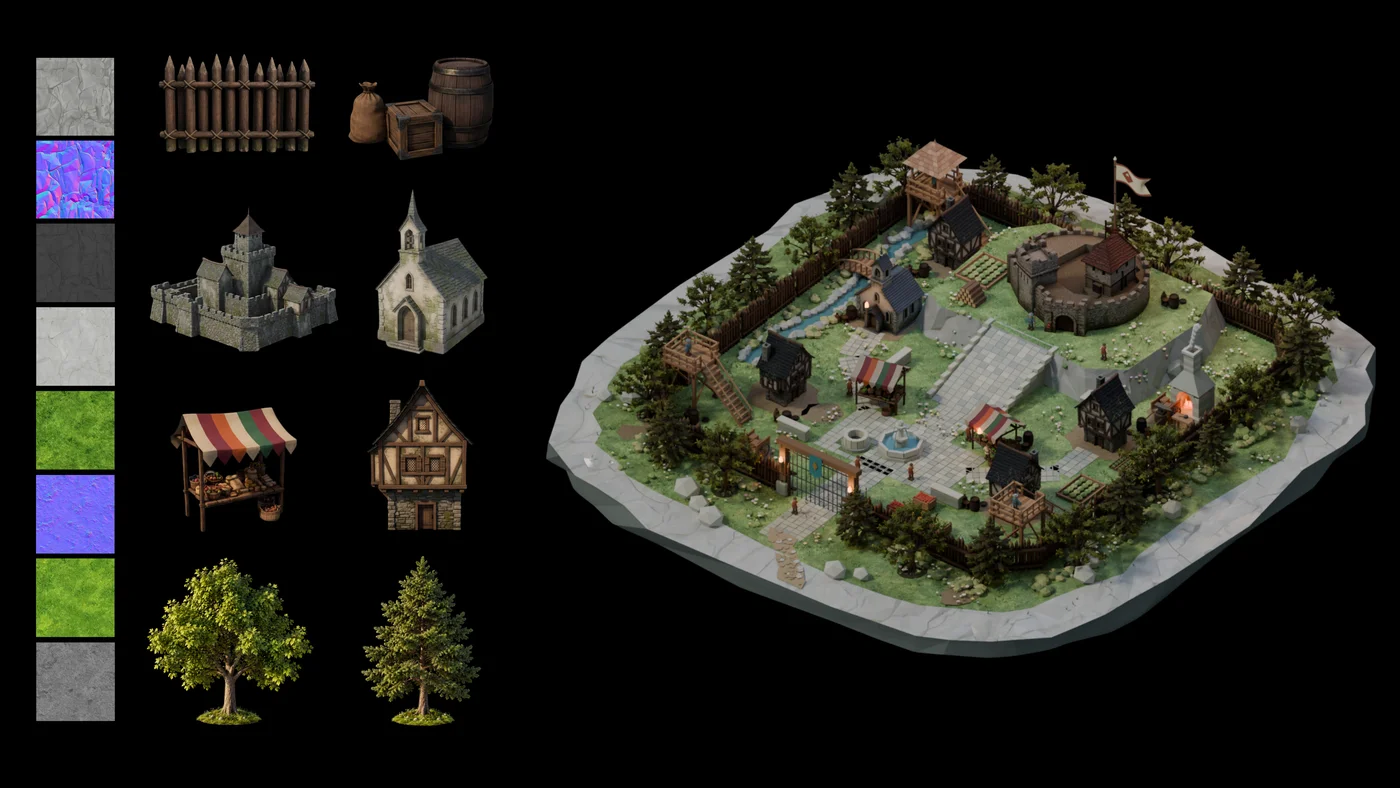 Eight PBR texture maps and eight prop and building meshes on the left are assembled into one walled village on the right