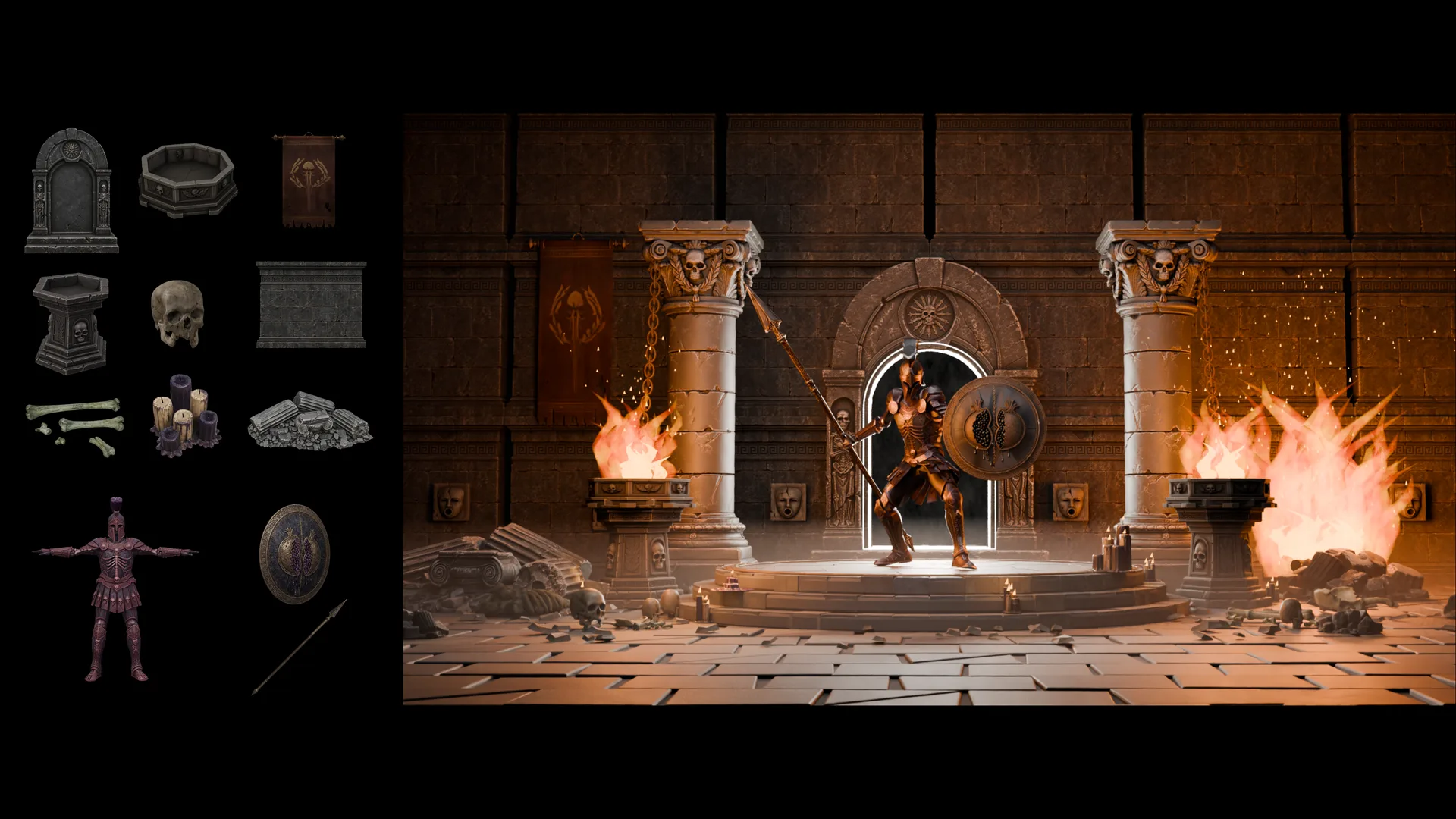 A kit of individual crypt props and an armored warrior with spear and shield on the left, composed into one lit crypt scene with the warrior posed on a dais between two burning braziers on the right