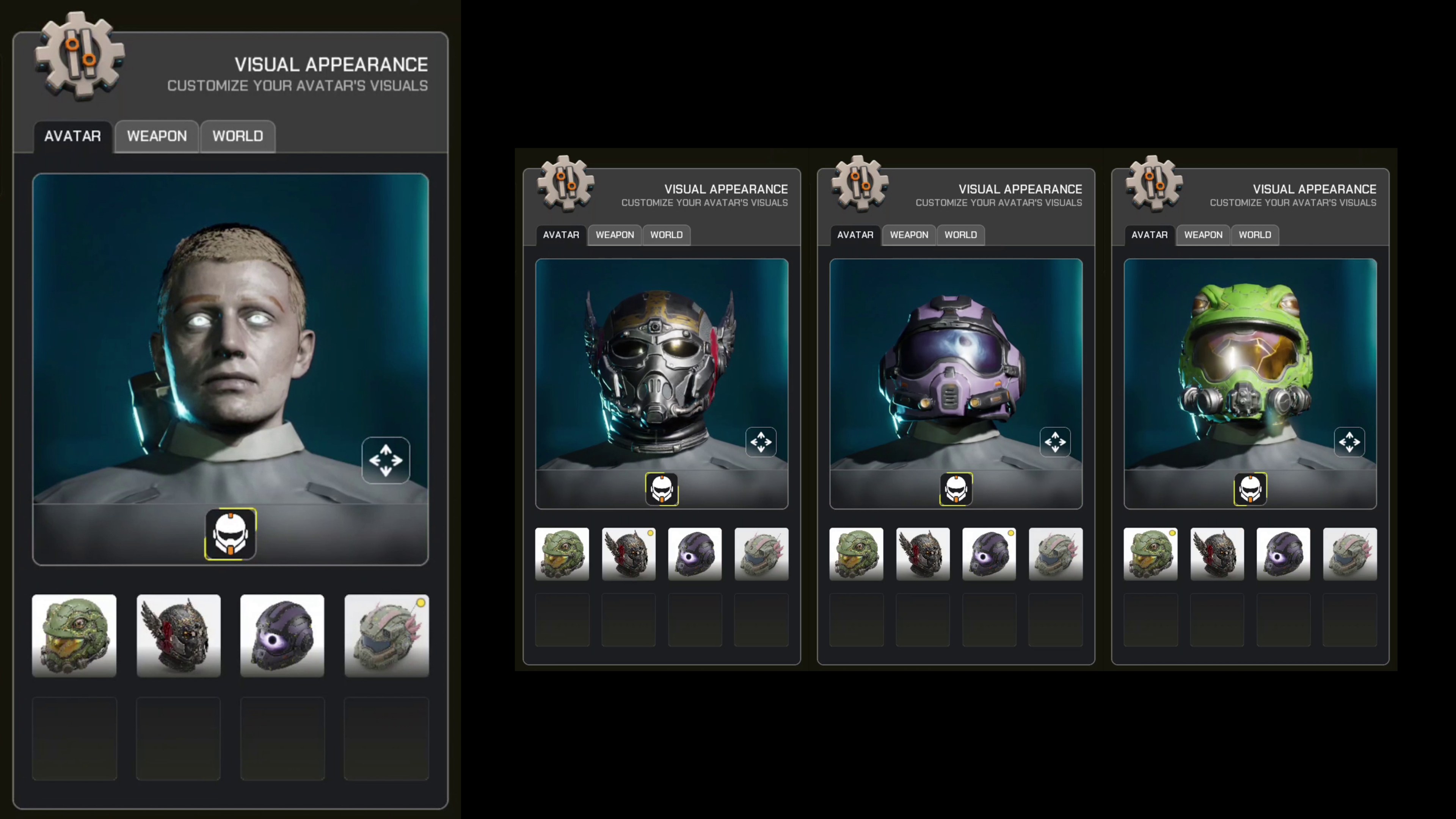 Player-generated helmets shown in COLONY's avatar customisation screen
