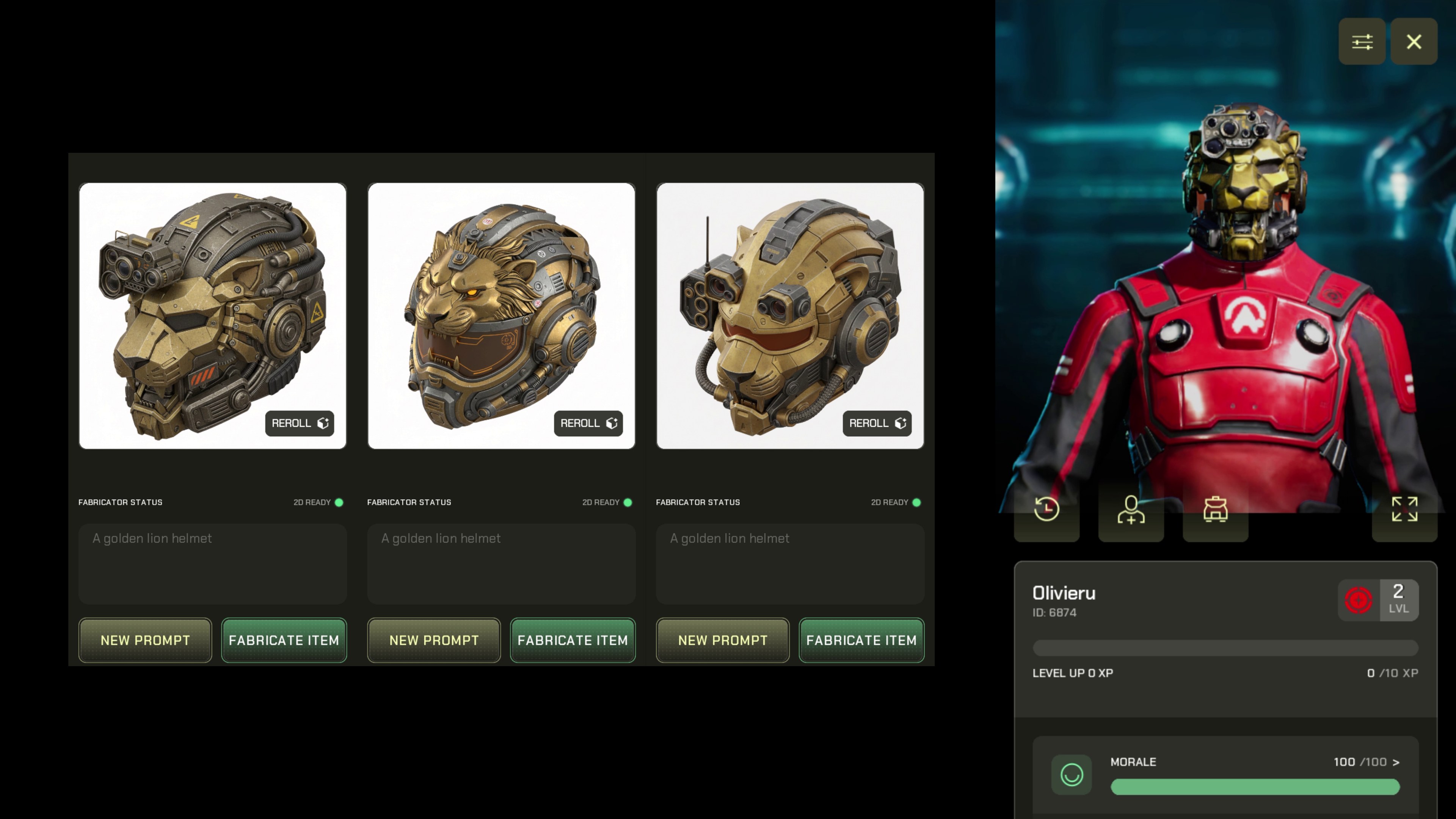 The Fabricator generating three variations from one prompt, and the finished helmet equipped on a player avatar