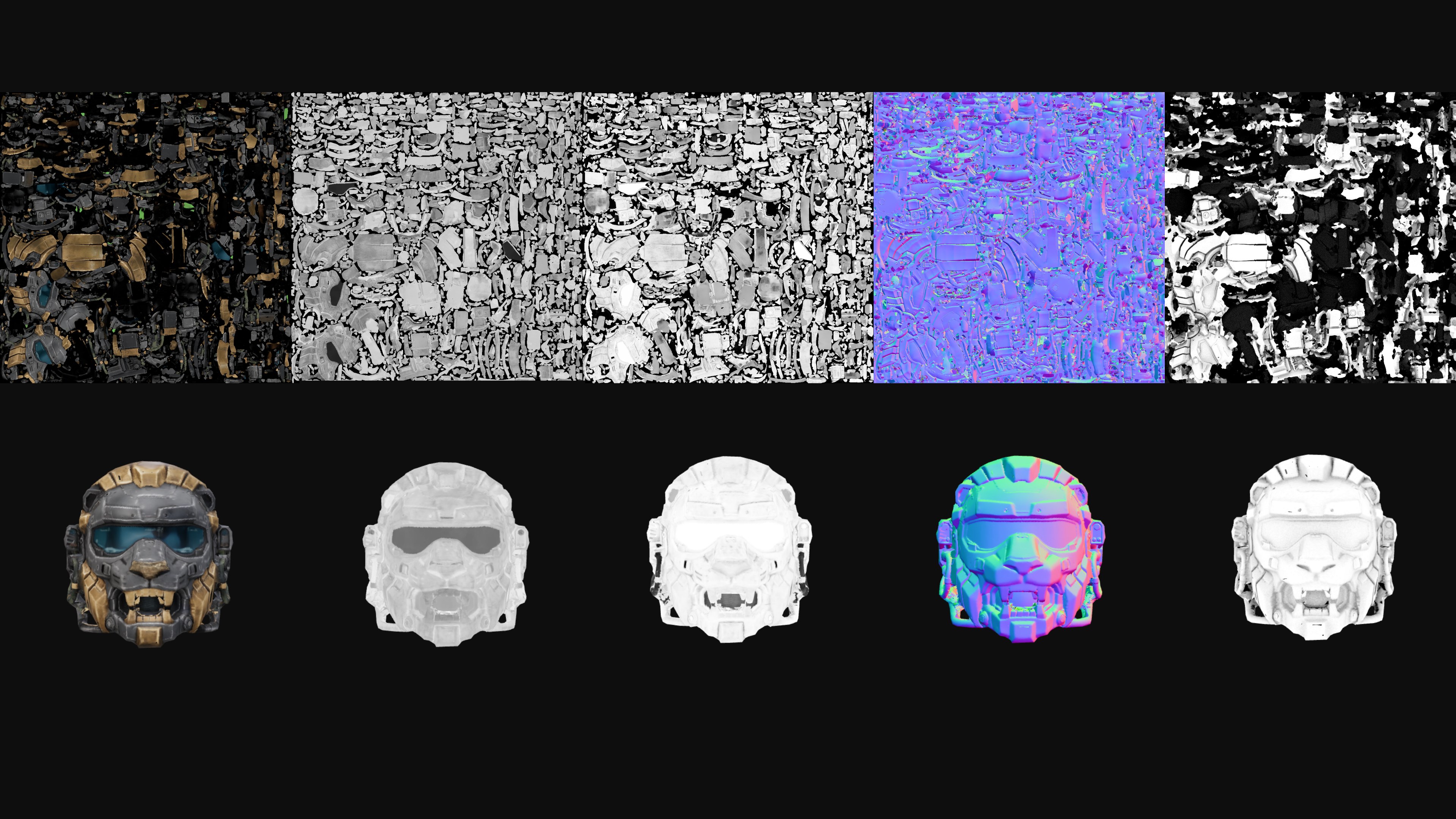 Five PBR texture maps and their result baked onto the helmet mesh