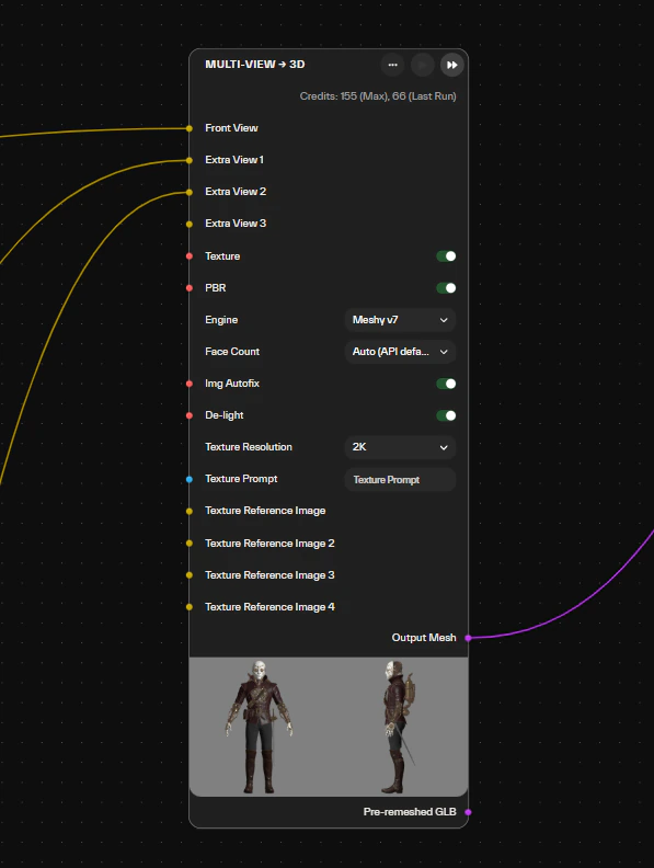 A Multi-View to 3D node on Meshy v7 with front and three extra views wired in, texture and PBR switched on, previewing the reconstructed character from front and side