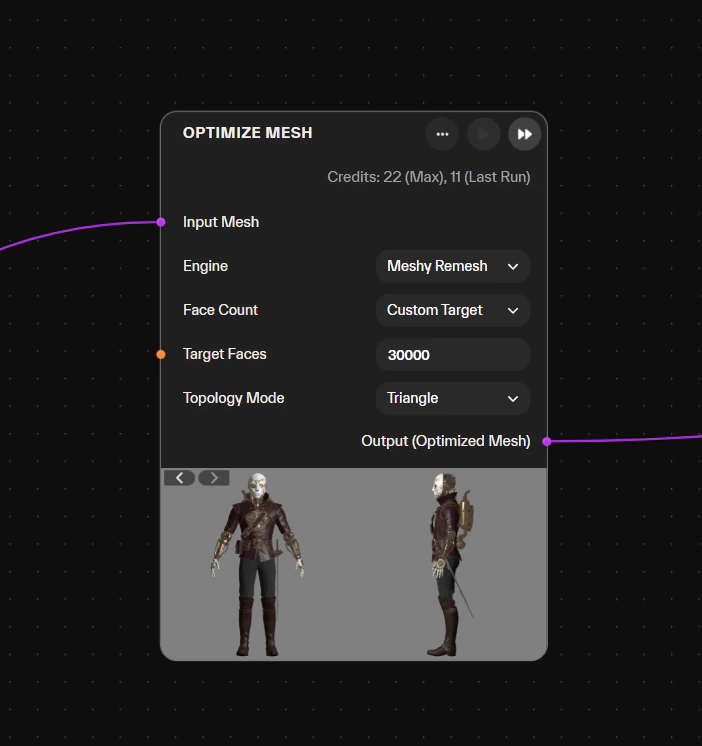 An Optimize Mesh node on Meshy Remesh with a custom target of 30,000 faces in triangle mode, previewing the optimized character mesh