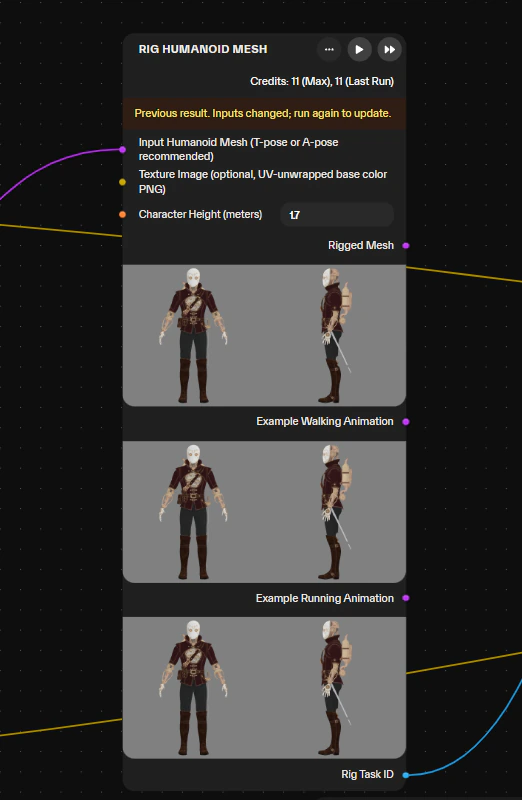 A Rig Humanoid Mesh node previewing the rigged character plus example walking and running animations