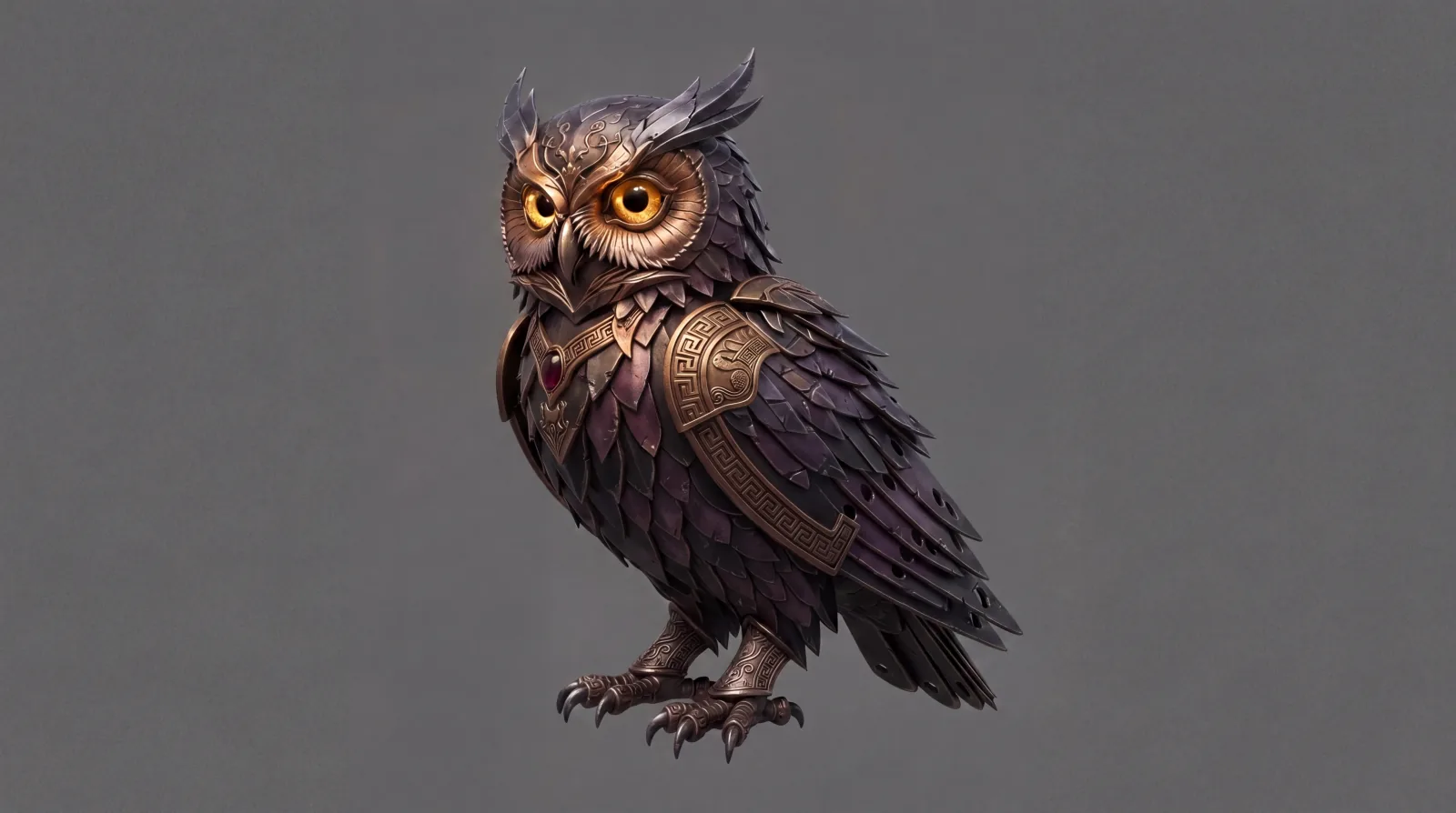 A single concept render of an armored owl creature, the source image for the turnaround