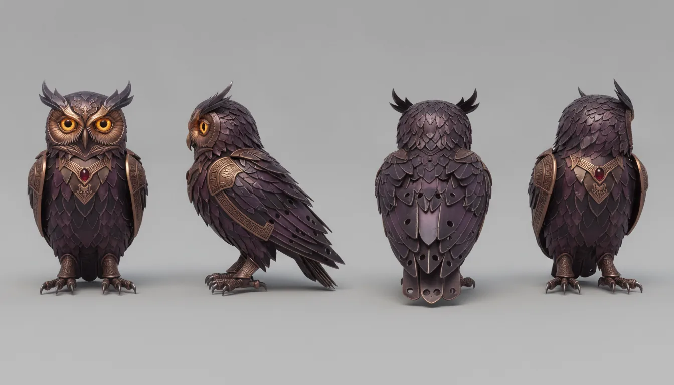 The armored owl split into four individual orthographic views: front, right, back and left