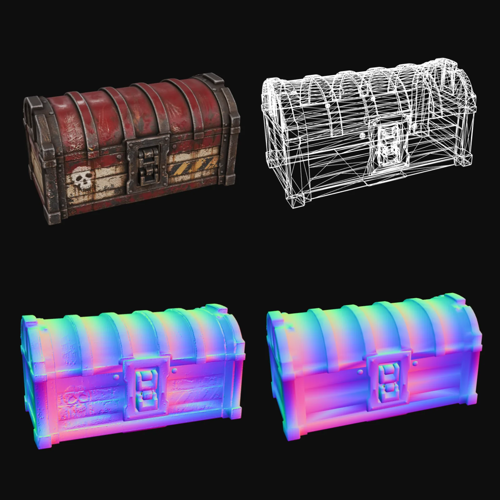 The finished chest mesh shown as a wireframe alongside its baked normal and roughness maps