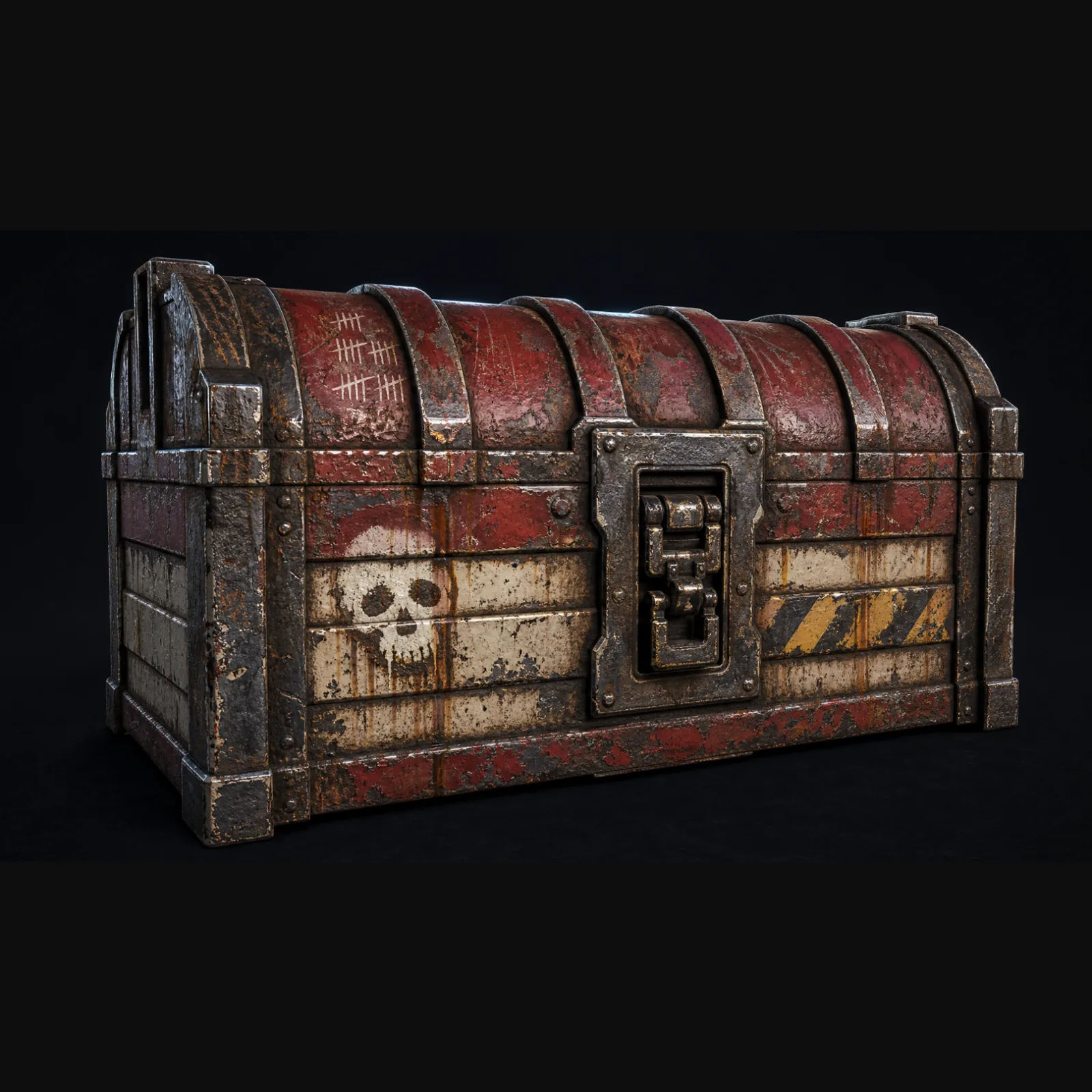 The prototype chest reimagined with a worn, weathered post-apocalyptic material treatment and a skull decal