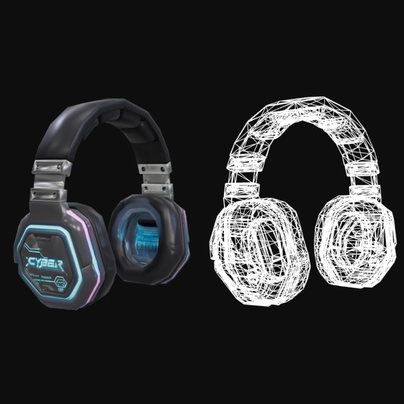 The headphones accessory as a finished textured mesh next to its wireframe, scaled to Roblox stud dimensions