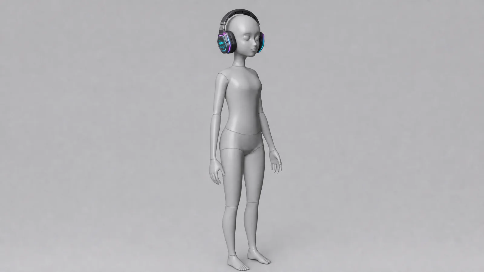 A Roblox mannequin wearing a pair of glowing cyberpunk headphones, fitted to the head at the correct attachment point