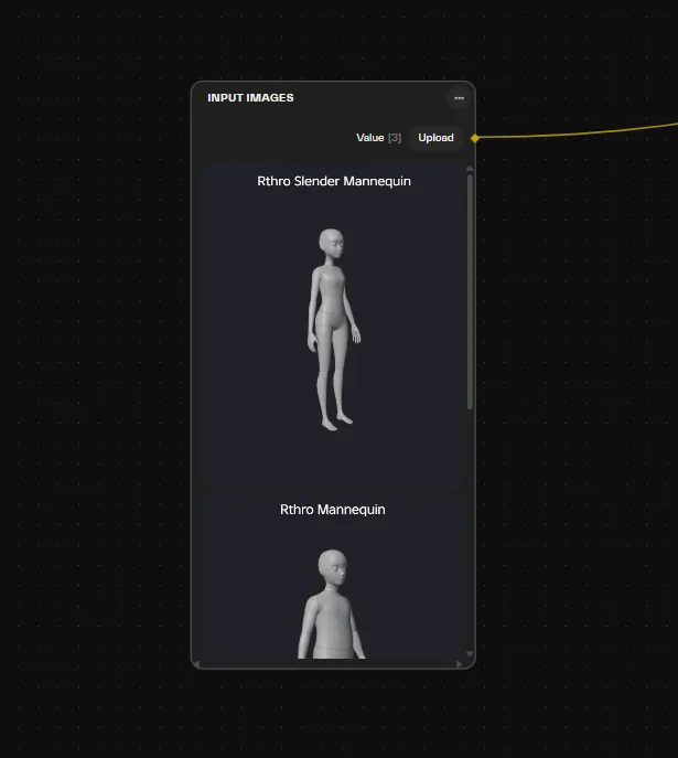 Atlas canvas input node listing the Roblox mannequin reference library, including the Rthro Slender and Rthro mannequins