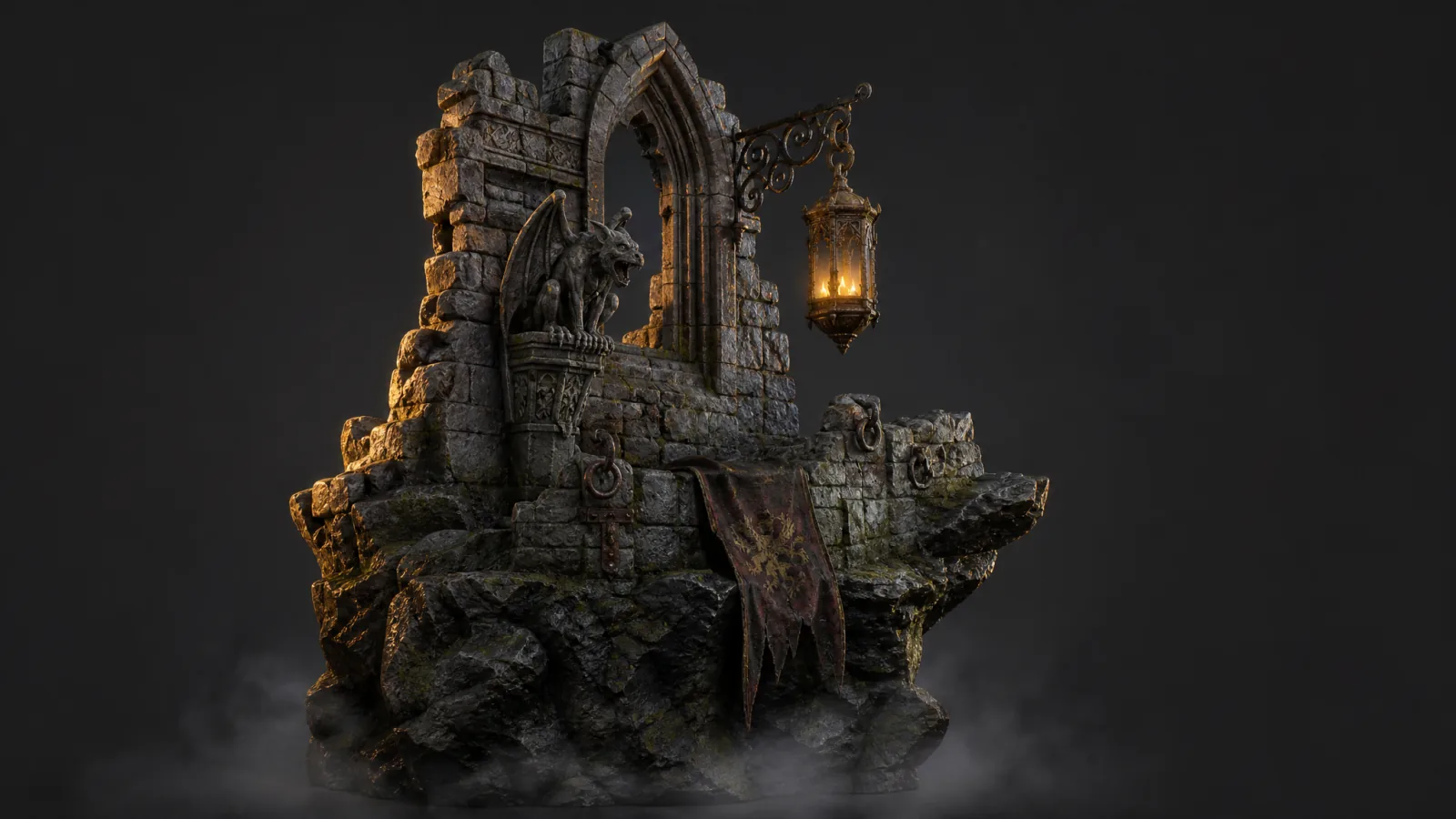 An isolated 3D diorama of a ruined gothic archway with a gargoyle statue and a hanging lantern, on a dark studio background