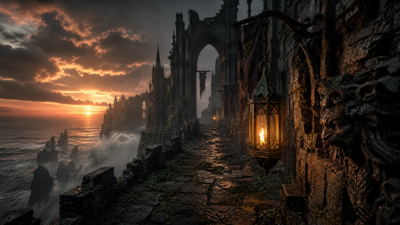 A widescreen first-person concept render of a coastal gothic ruin at sunset, with a lit lantern lining the walkway
