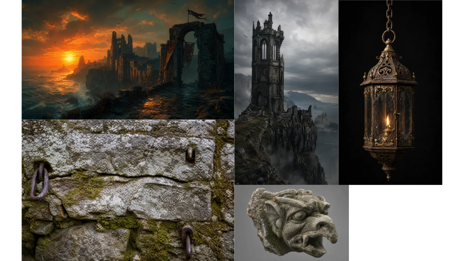 A dark fantasy moodboard collage of ruined coastal architecture, a stone tower, a hanging lantern and a gargoyle carving