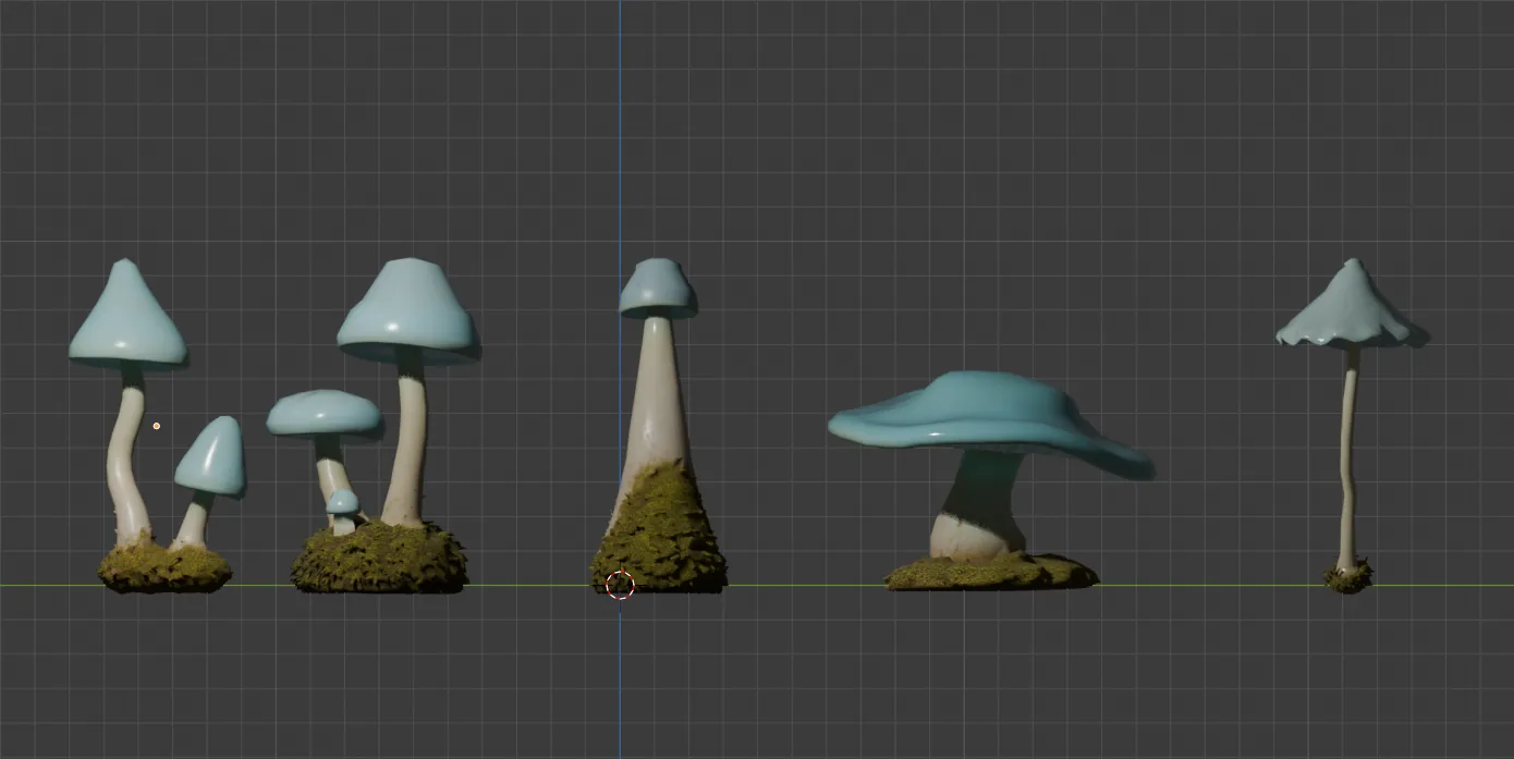 The nine mushroom variations reconstructed as low-poly textured 3D meshes, viewed from the side