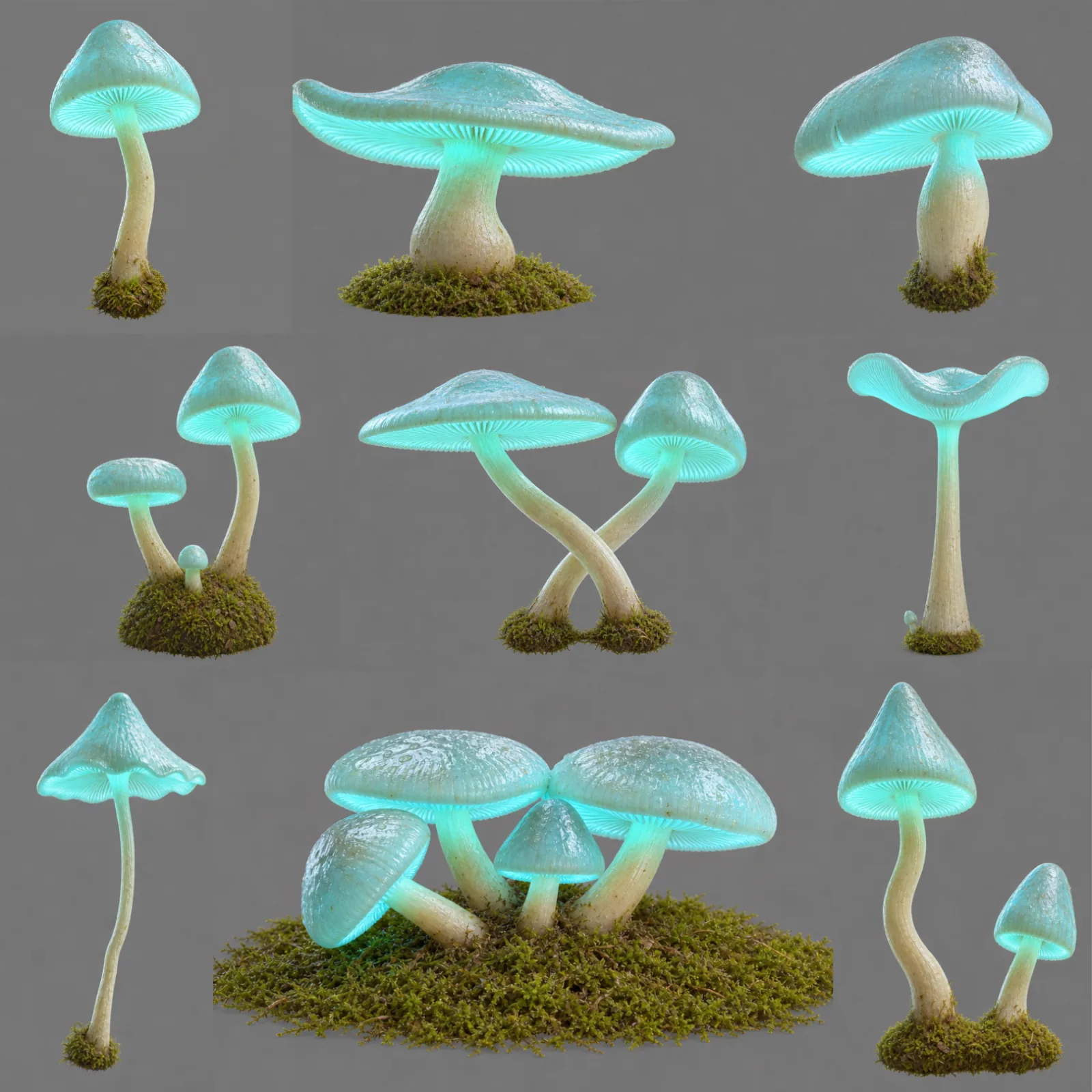 Nine glowing mushroom variations with different cap shapes, cluster arrangements and stem bends, each isolated on gray