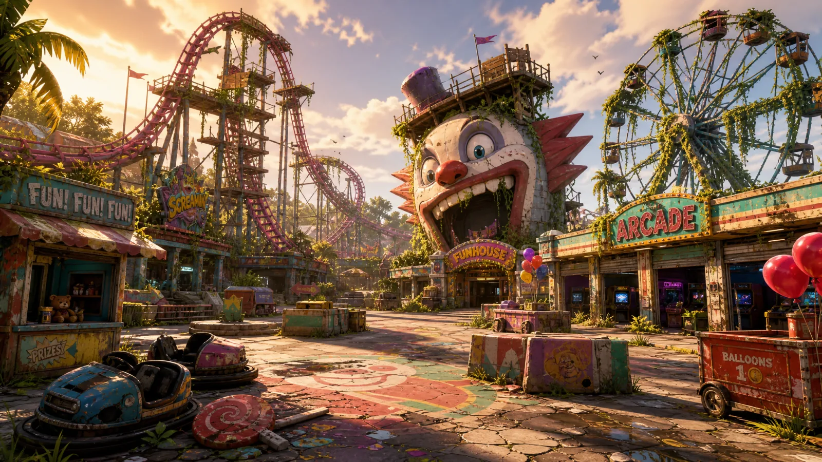 Wide concept render of an abandoned, overgrown amusement park point of interest, with a funhouse, arcade, and ferris wheel