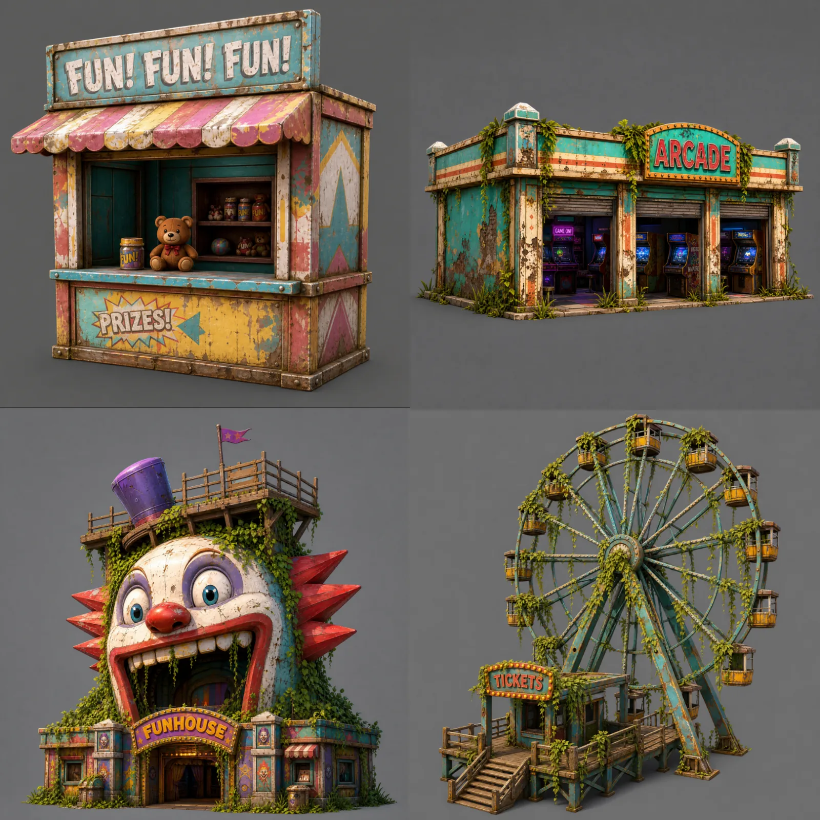 Four individual structures isolated on gray backgrounds: a prize stall, an arcade building, a funhouse entrance, and a ferris wheel