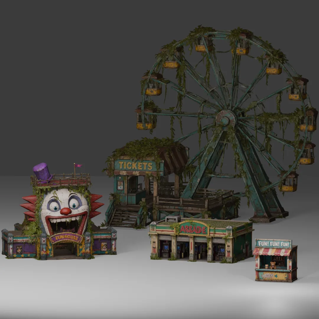 The five reconstructed amusement park structures assembled together as a modular kit on a studio background