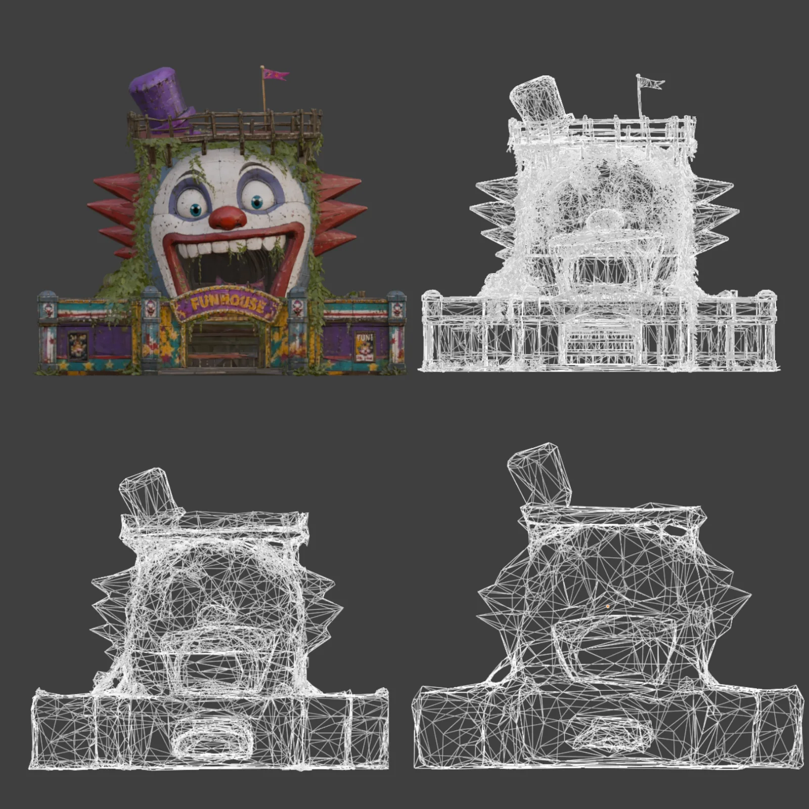 The funhouse structure shown as a render next to three wireframe views at decreasing polygon densities