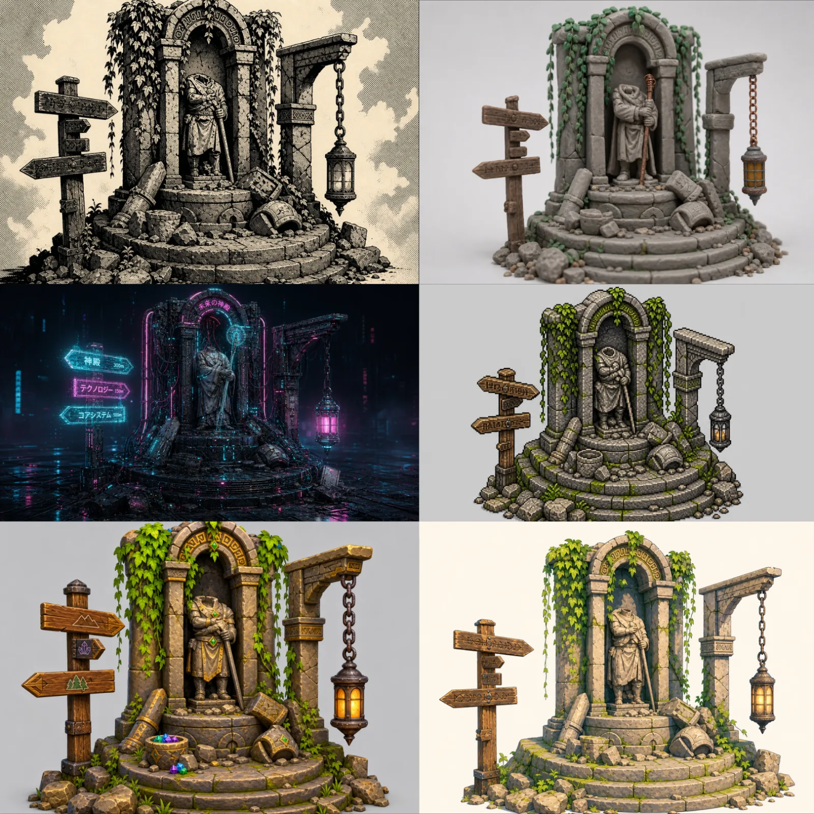 The same stone monument reimagined across ten art styles, from photorealistic to cel-shaded anime to 16-bit pixel art
