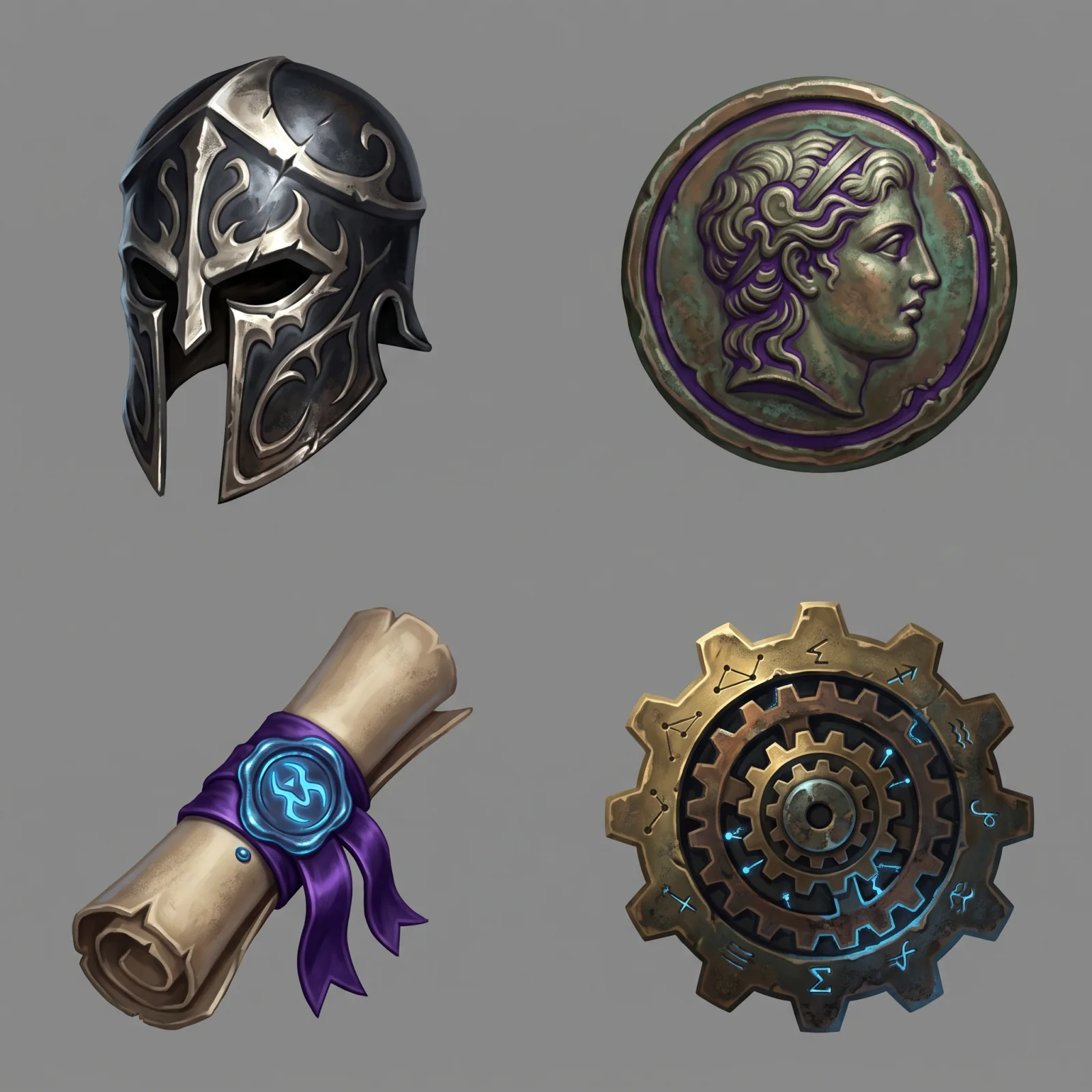 Four finished game icons — a helmet, a coin, a scroll and a gear — each cleaned up on a transparent background