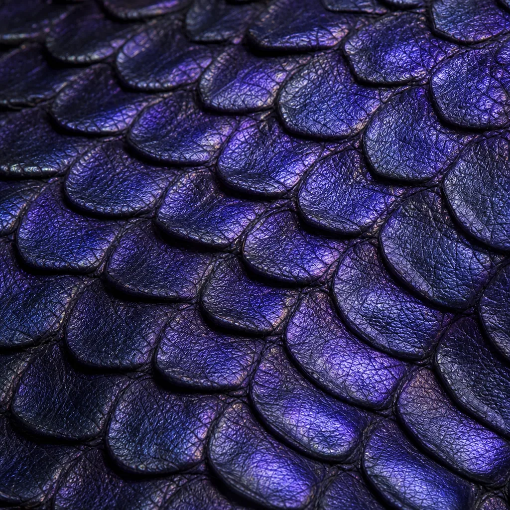 A close-up reference photo of iridescent purple scaled leather, used as the structural reference for the material