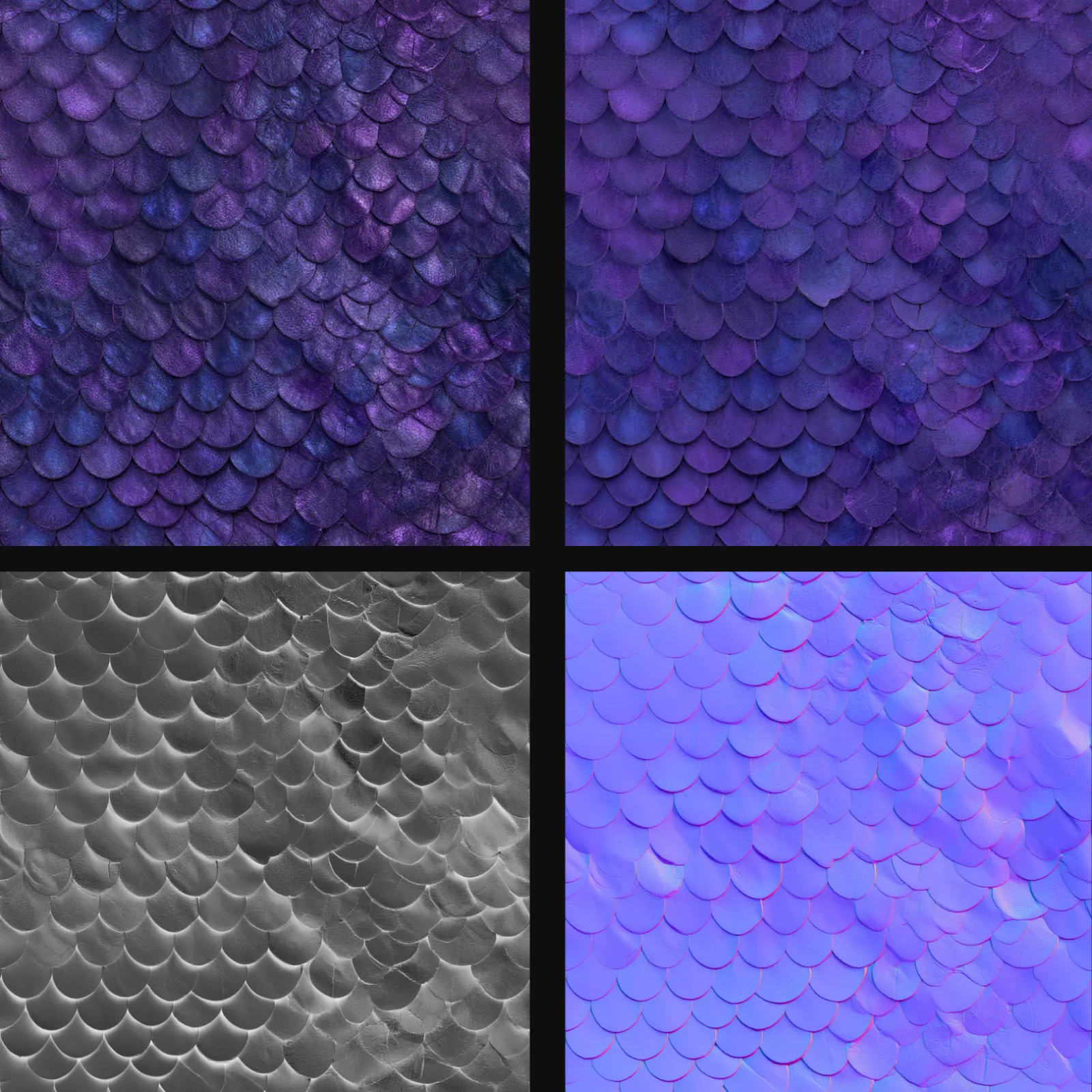 The generated material broken into its base color, roughness and normal map channels, all matching the scaled reference