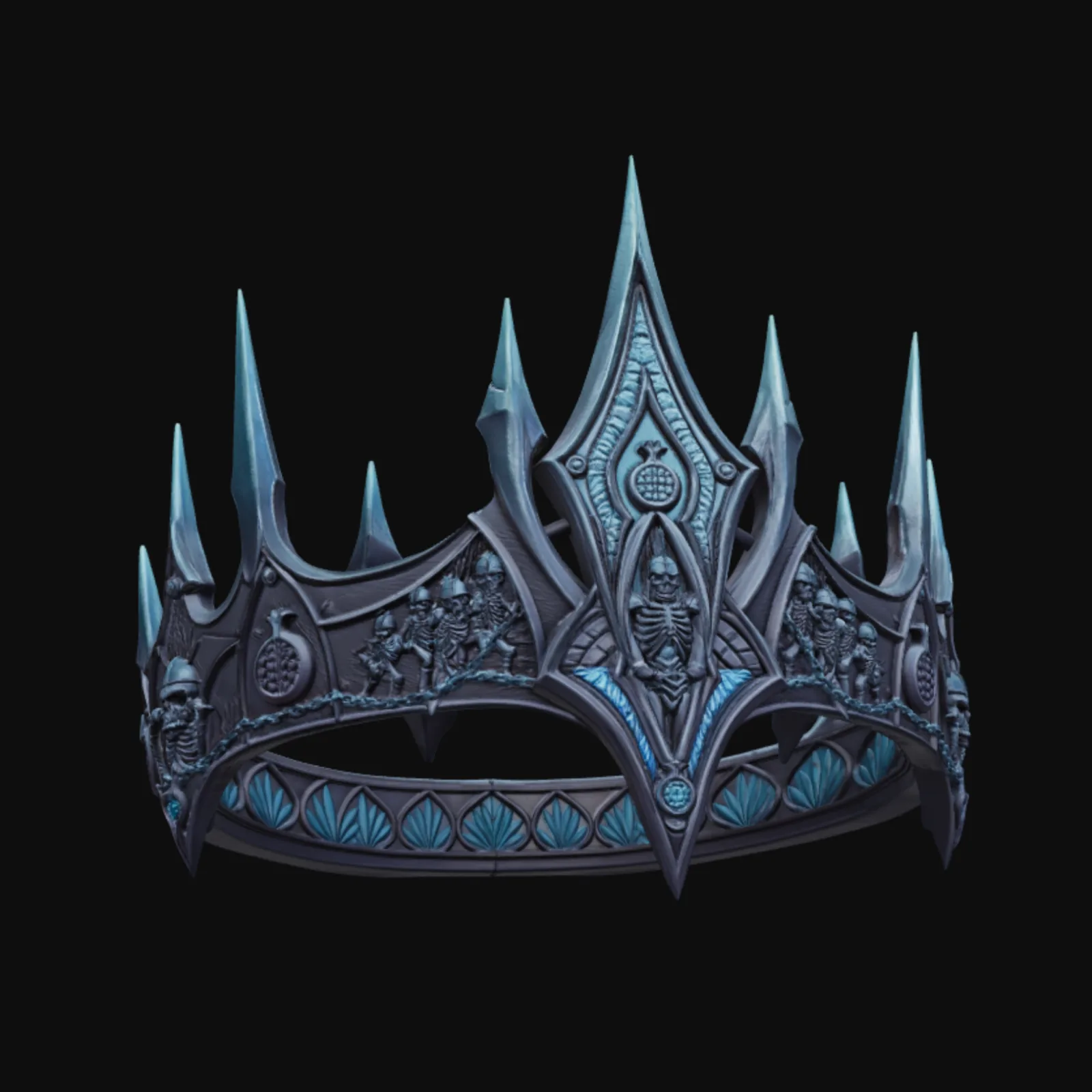 The same crown mesh repainted with a new cool-toned metal and gem material, geometry unchanged