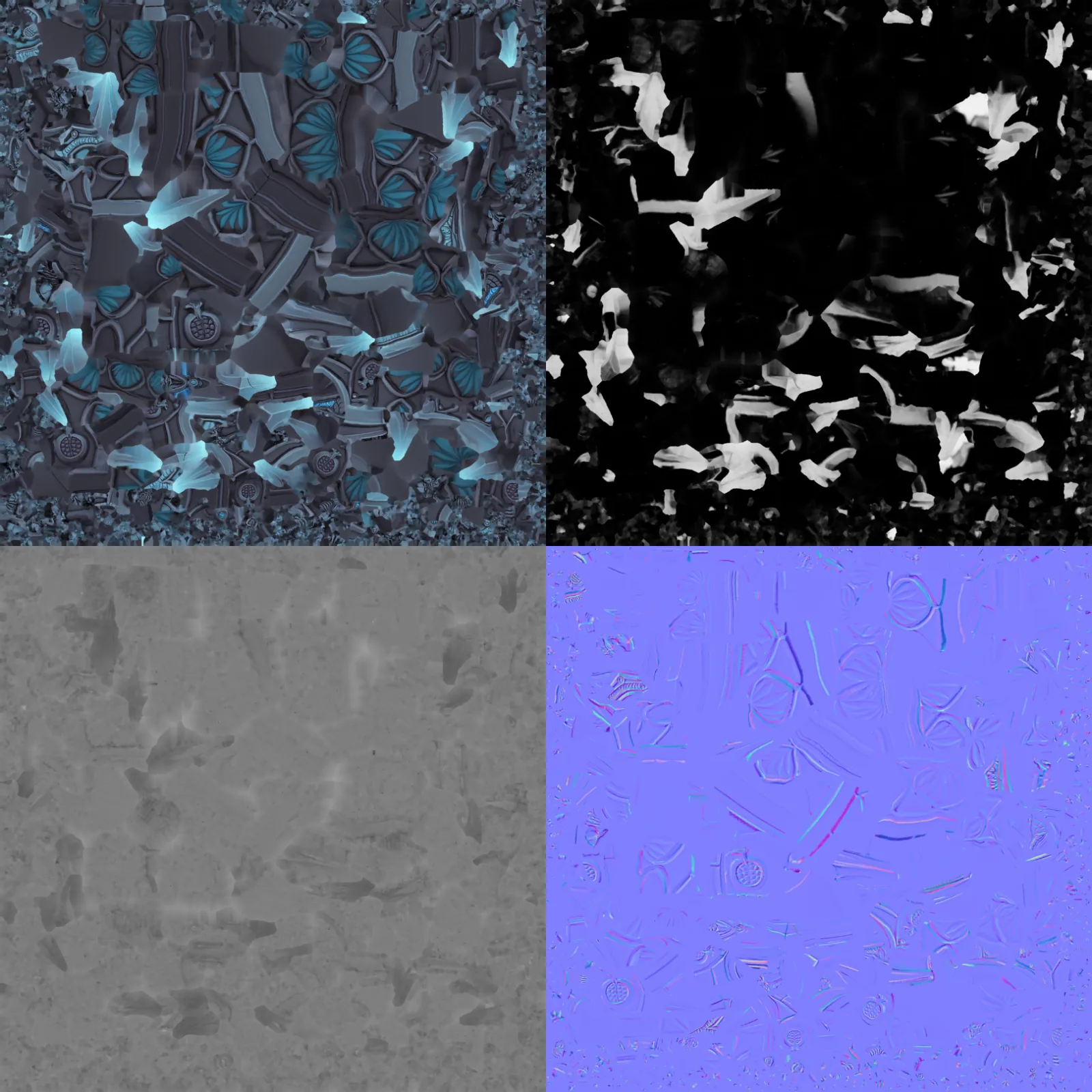 The finished PBR maps extracted from the retexture pass — base color, roughness and normal