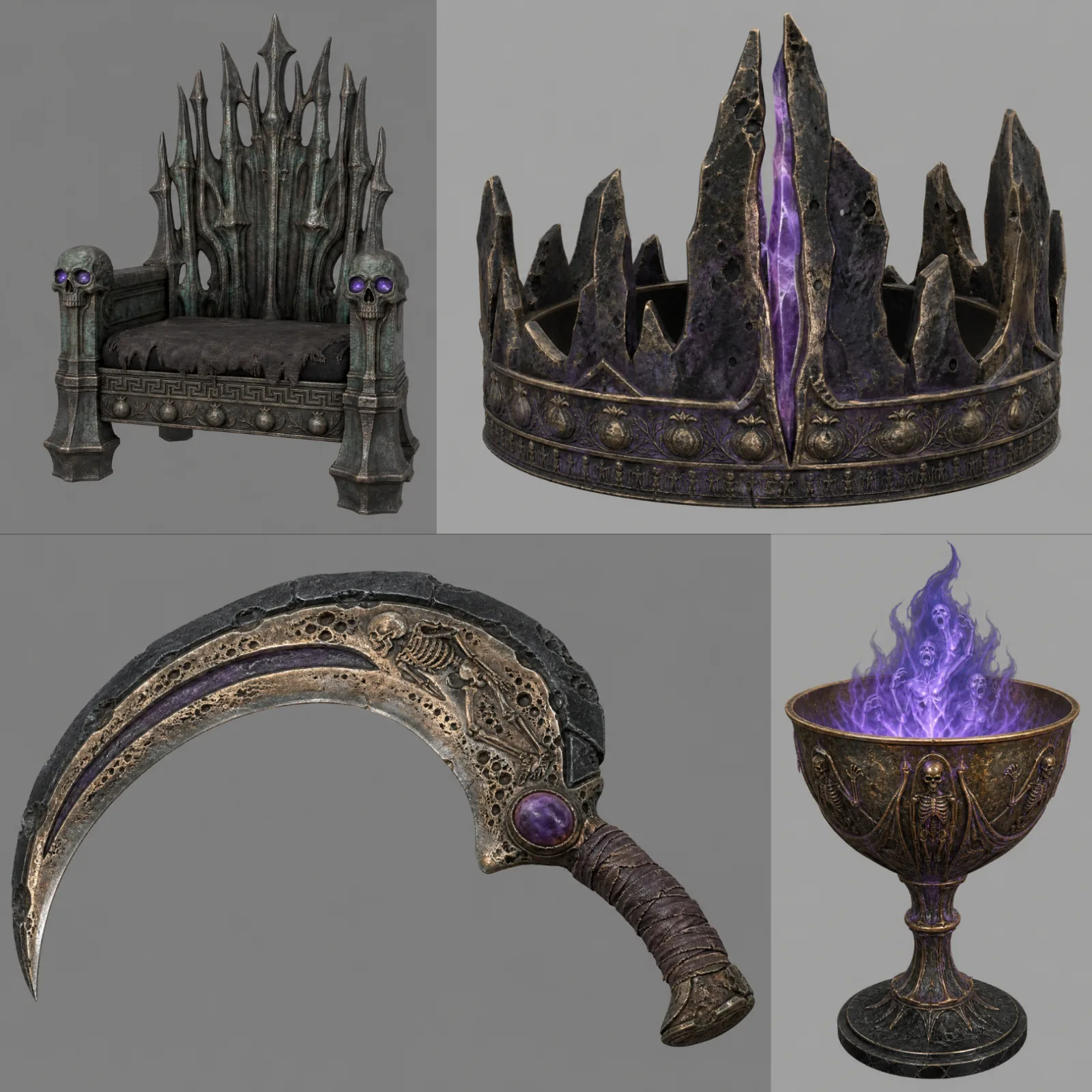 Four newly generated assets matching the reference style: a throne, a crown, a ceremonial scythe and a goblet