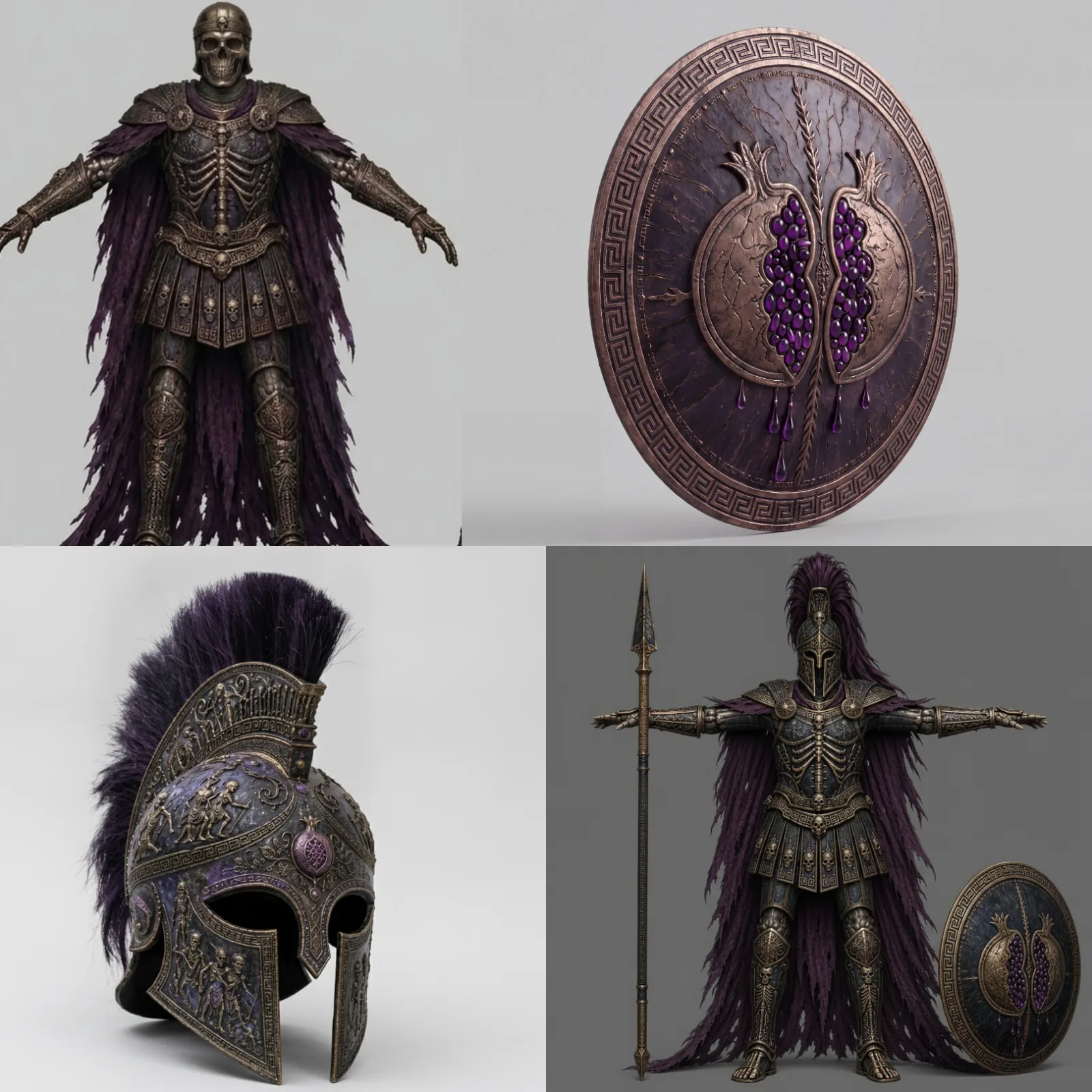 Four existing catalog renders used as style reference: an armored figure, a helmet, a shield and a spear, sharing one dark fantasy material language