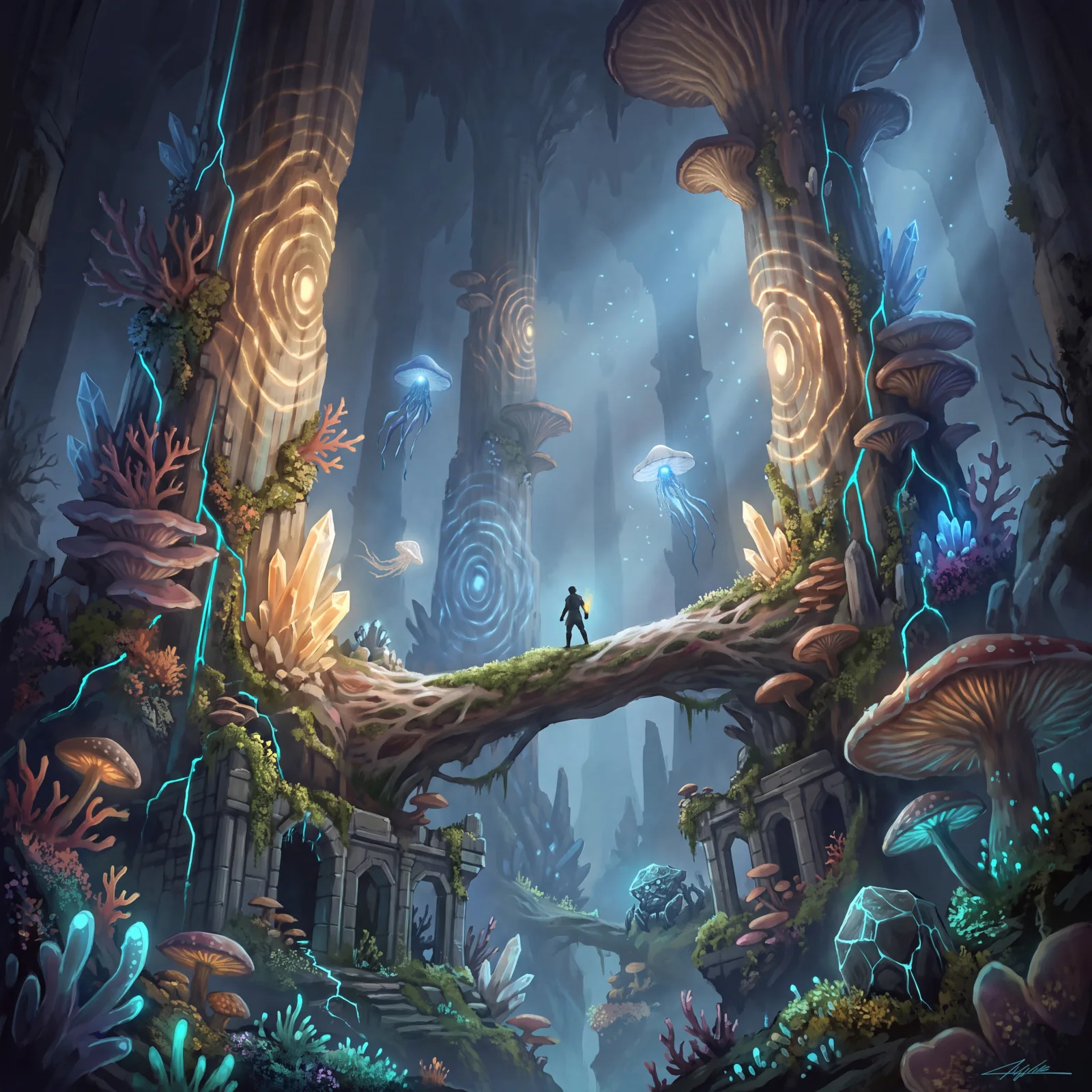 A wide establishing concept render of a glowing crystal cavern, generated from the document’s extracted references
