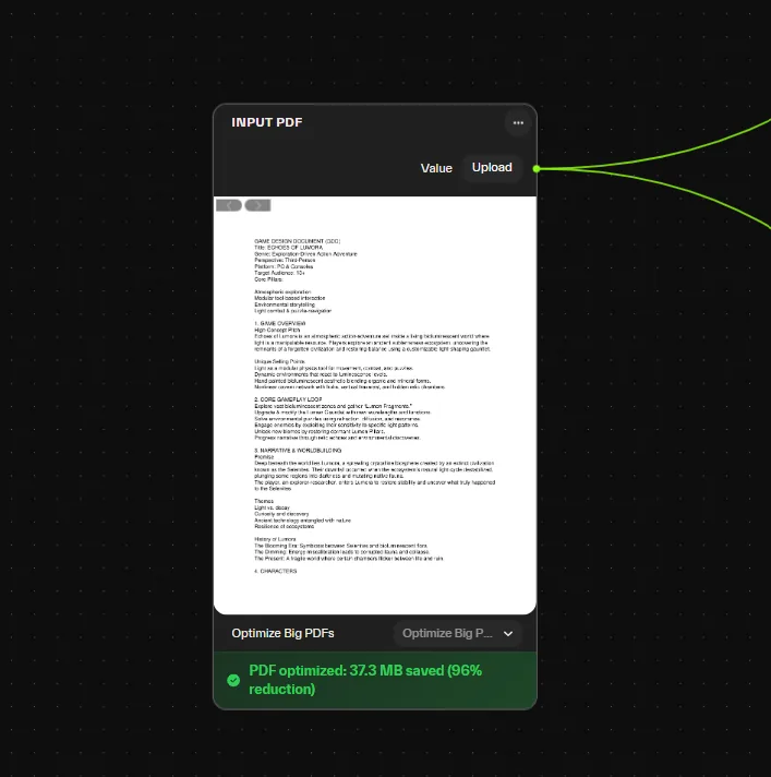 A Game Design Document PDF uploaded to the Atlas canvas, open to its cover page