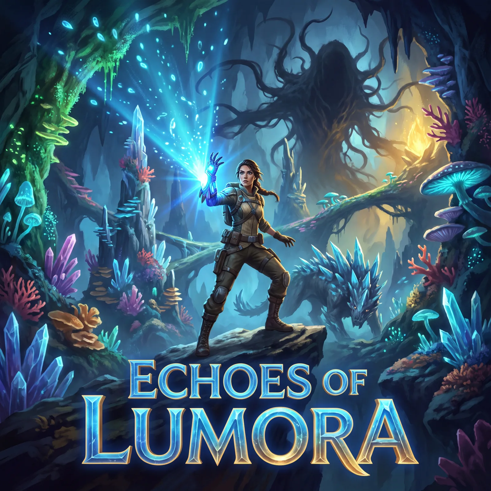 A finished box-art style poster titled "Echoes of Lumora," showing a character and a creature in a glowing cave