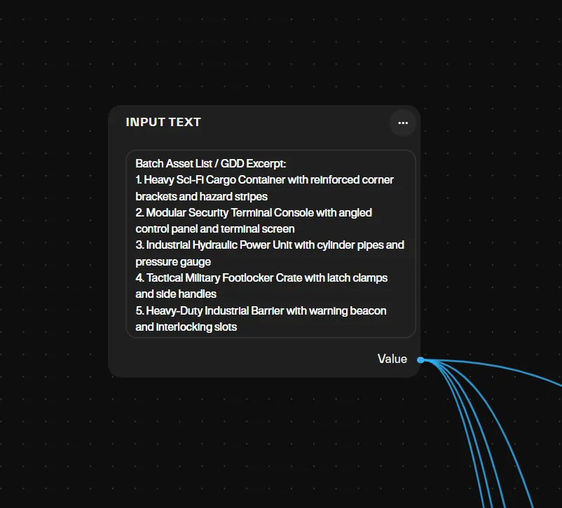 Atlas canvas input node holding a batch asset list of five sci-fi props extracted from a GDD excerpt