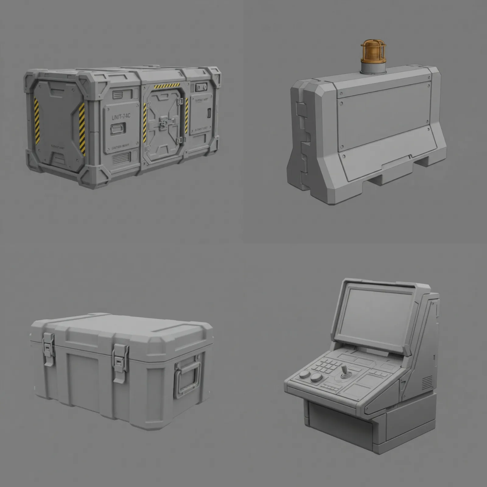 Four sci-fi prototype props — a cargo container, a barrier, a case and a control terminal — rendered as isolated greyscale concepts