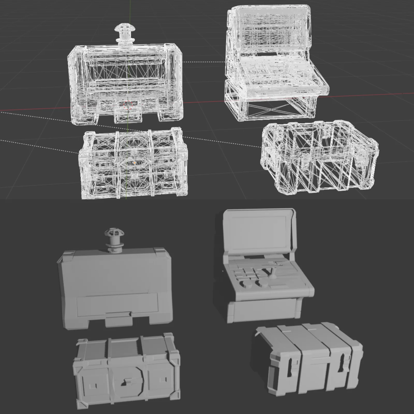 Wireframe and shaded greybox meshes of the same four prototype props, ready for engine import