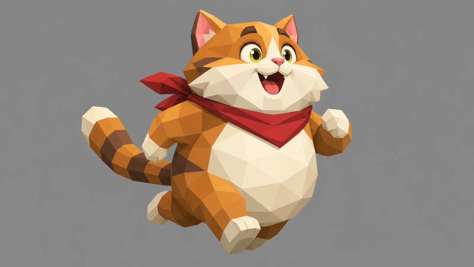 A stylized low-poly orange cat character concept render on a gray background, wearing a red bandana