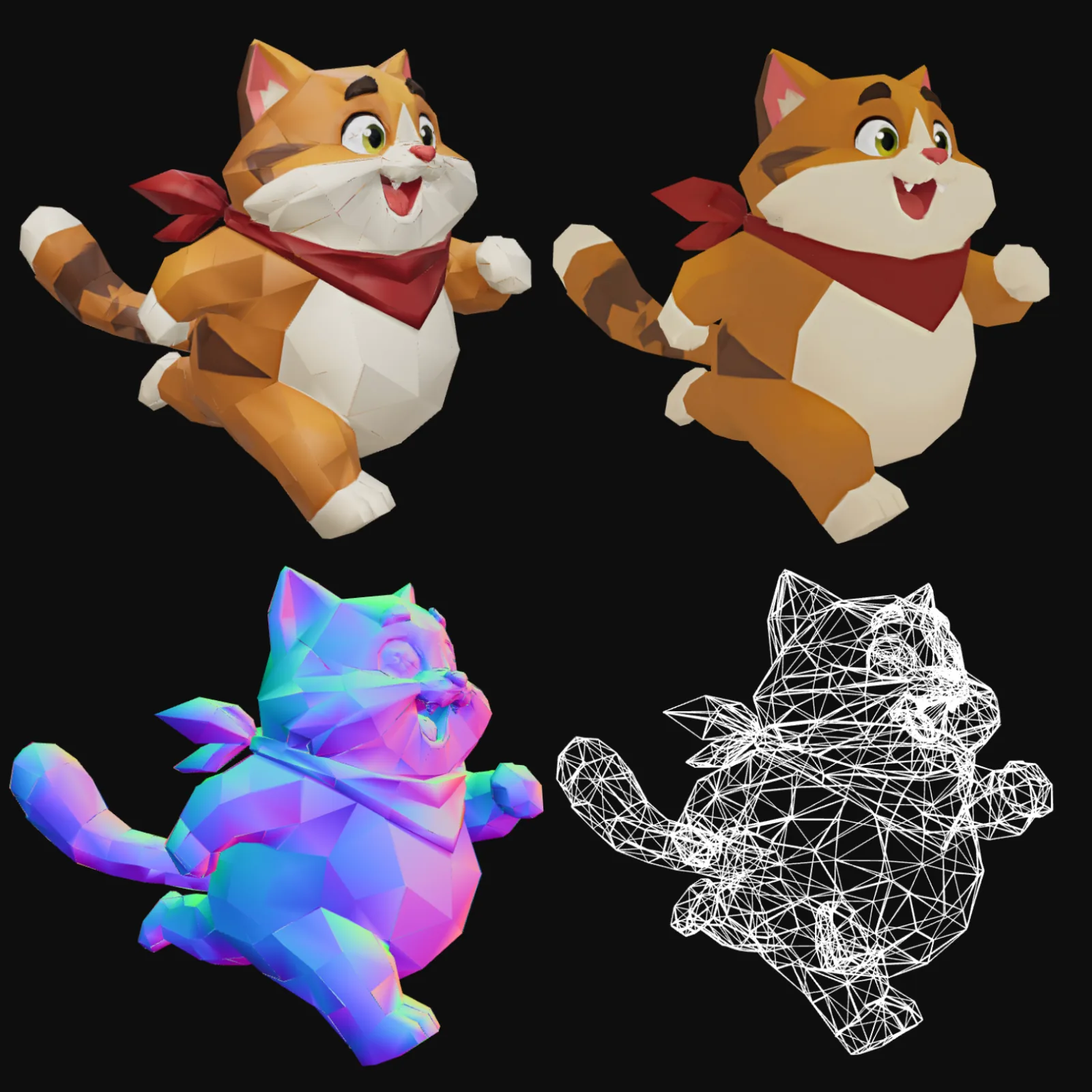 The cat character as a finished textured mesh, its normal map, and its wireframe, shown side by side