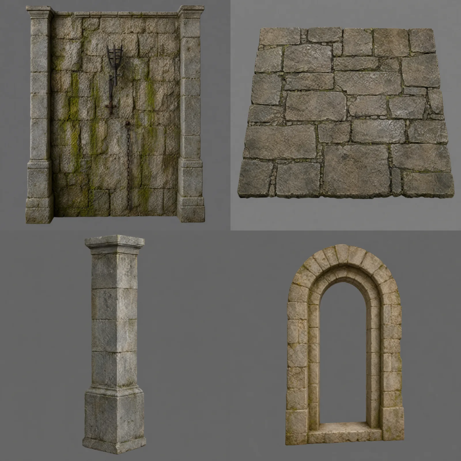 Four isolated concept pieces from the kit — an arched doorway, a column, a floor tile and a wall panel with a hanging lantern