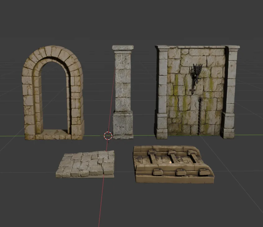 The same four kit pieces as shaded 3D meshes, ready for grid-snap assembly in an engine