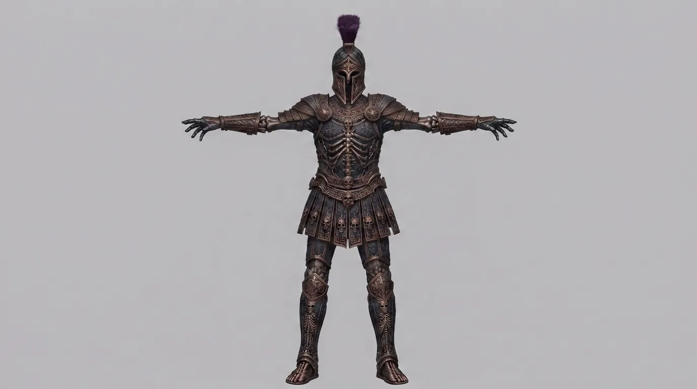 An armored character re-posed into a strict, symmetric T-pose with empty hands, held items already stripped out by the detection pass