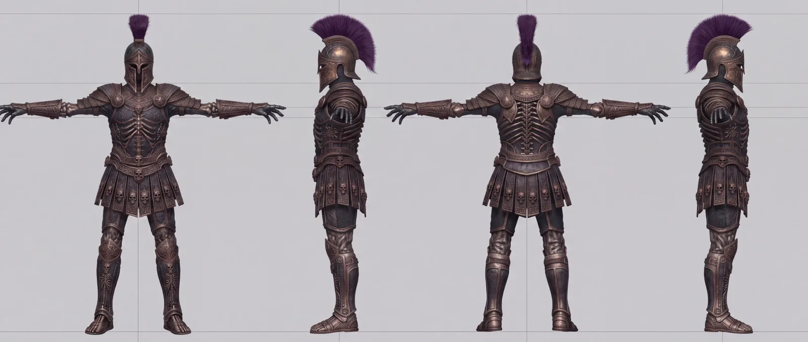 A 4-angle turnaround sheet of the armored character in T-pose, front, side and back views