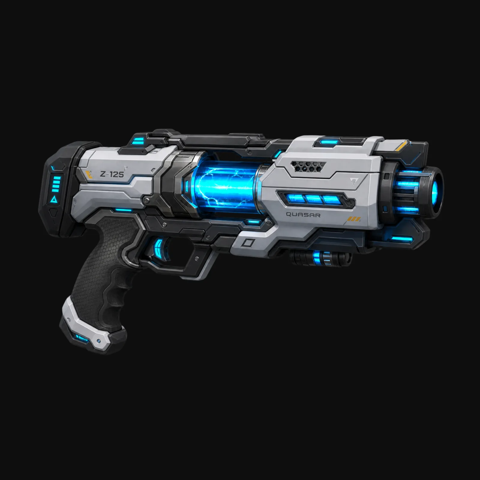 A generated sci-fi blaster concept render, the isolated 2D output before mesh conversion