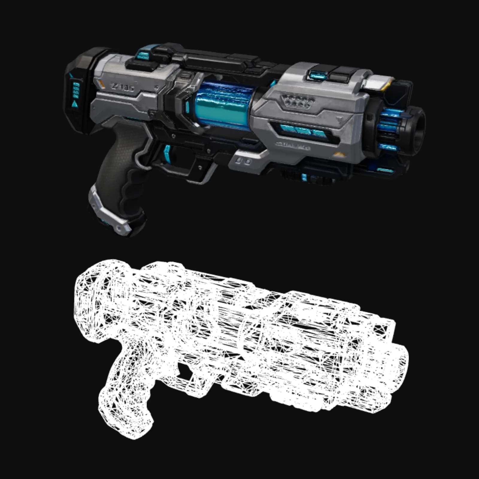 The blaster reconstructed as a high-poly 3D mesh, shown shaded and as a wireframe